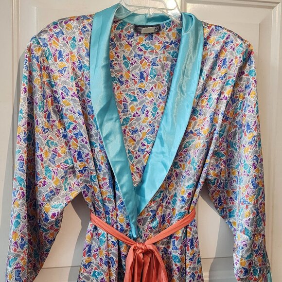 Vintage Satin Robe Funky Abstract Pattern 80s 90s Retro Themed Lightweight XL 1X - Picture 4 of 9